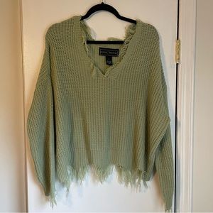 Polly & Esther Fringe V Neck Distressed Sage Green Sweater